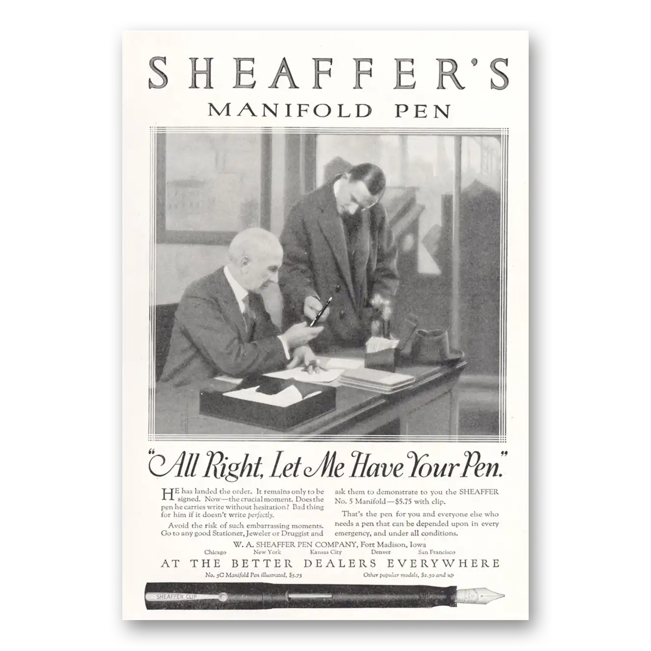 1921 Sheaffers Manifold Pen All Right Let Me Have Your Pen Vintage Magazine Print Ad