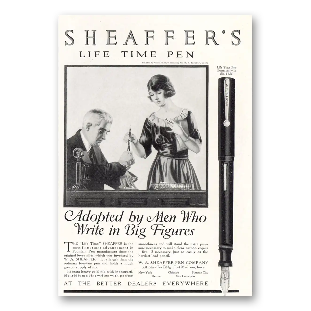 1921 Sheaffers Lifetime Pen Adopted by Men Who Write In Big Figures Vintage Magazine Print Ad