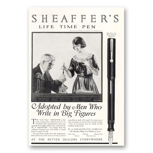 1921 Sheaffers Lifetime Pen Adopted by Men Who Write In Big Figures Vintage Magazine Print Ad