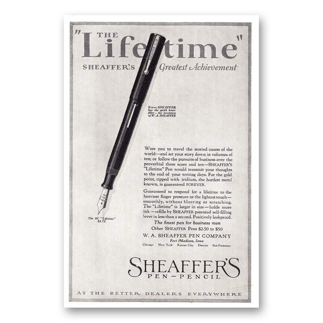 1921 Sheaffers Lifetime Pen Greatest Achievement Vintage Magazine Print Ad