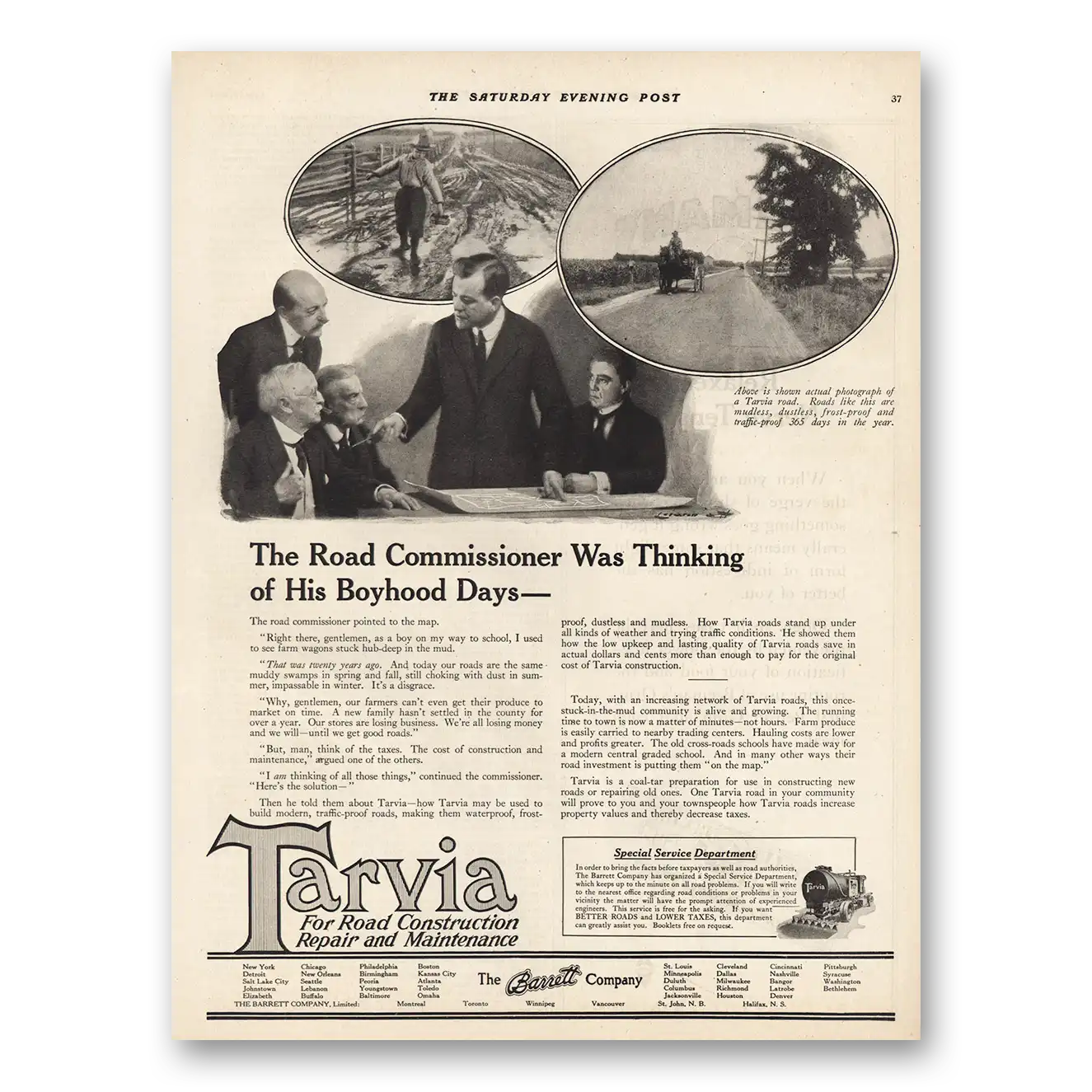 1921 Tarvia Road Construction Road Commissioner Was Thinking of His Boyhood Days Vintage Magazine Print Ad