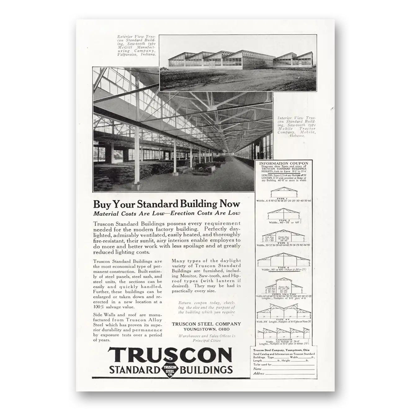 1921 Truscon Steel Standard Buildings Buy Your Standard Building Now Vintage Magazine Print Ad