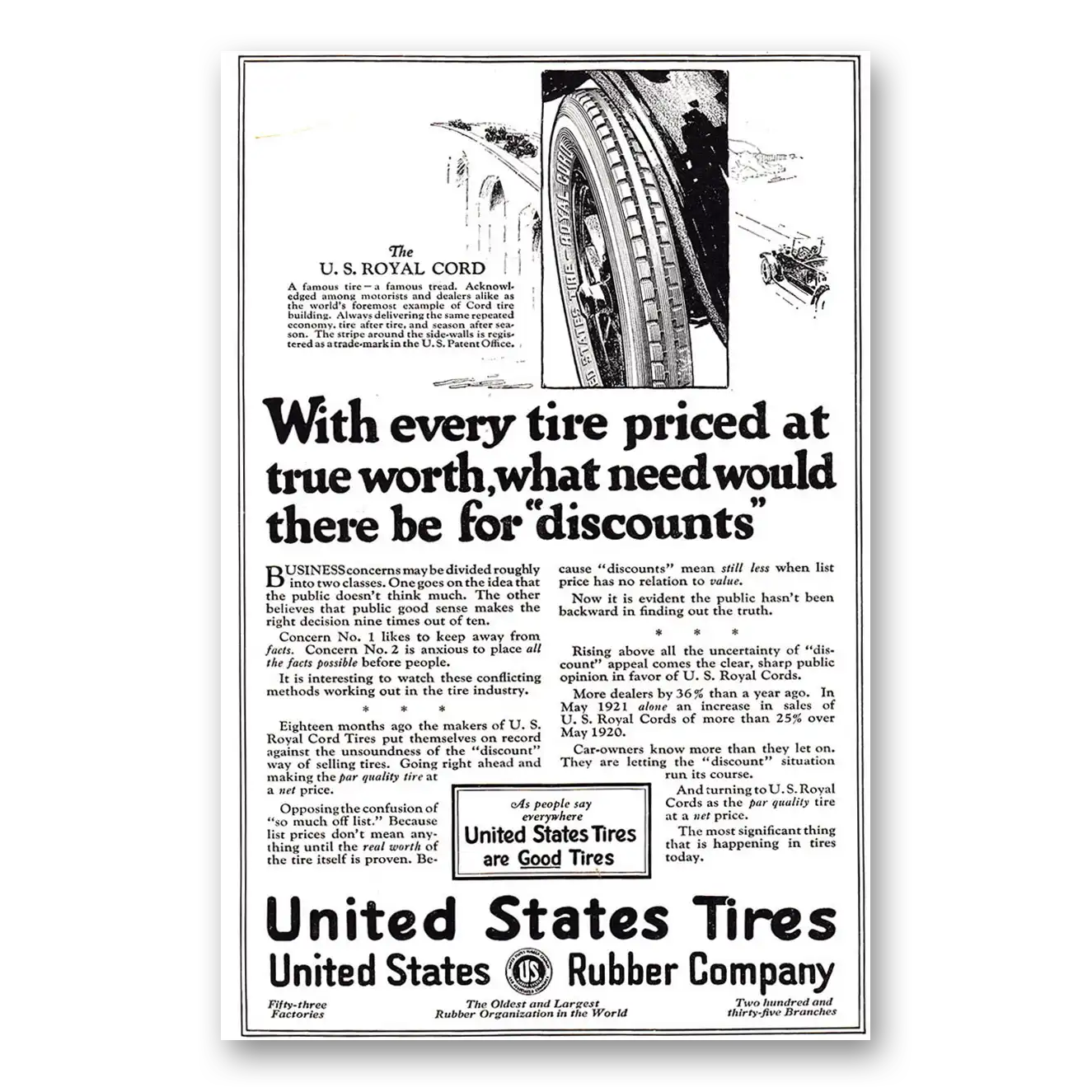 1921 US Royal Tires With Every Tire Priced at True Worth Vintage Magazine Print Ad