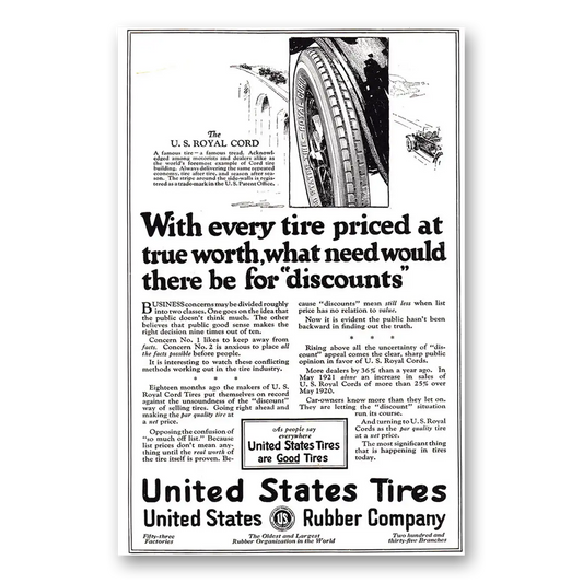 1921 US Royal Tires With Every Tire Priced at True Worth Vintage Magazine Print Ad