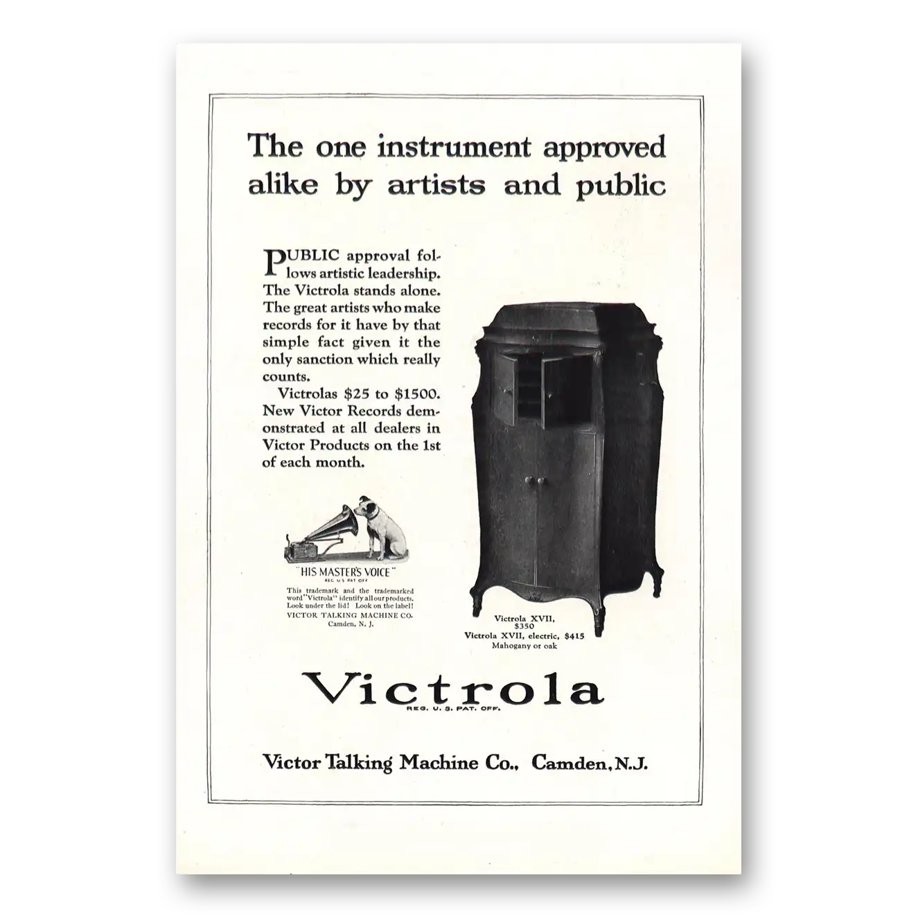 1921 Victrola One Instrument Approved Alike by Artists and Public Vintage Magazine Print Ad