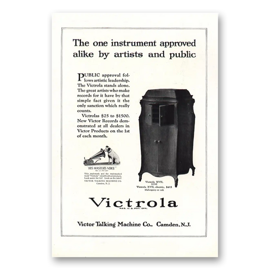 1921 Victrola One Instrument Approved Alike by Artists and Public Vintage Magazine Print Ad