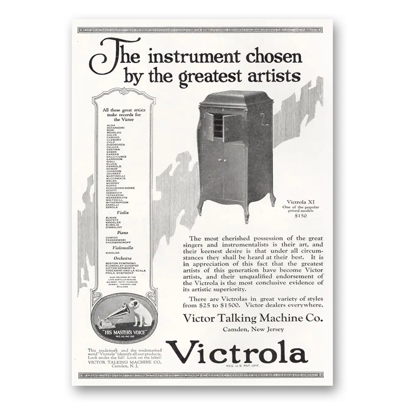 1921 Victrola Instrument Chosen by the Greatest Artists Vintage Magazine Print Ad