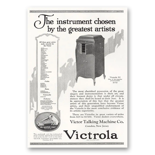 1921 Victrola Instrument Chosen by the Greatest Artists Vintage Magazine Print Ad