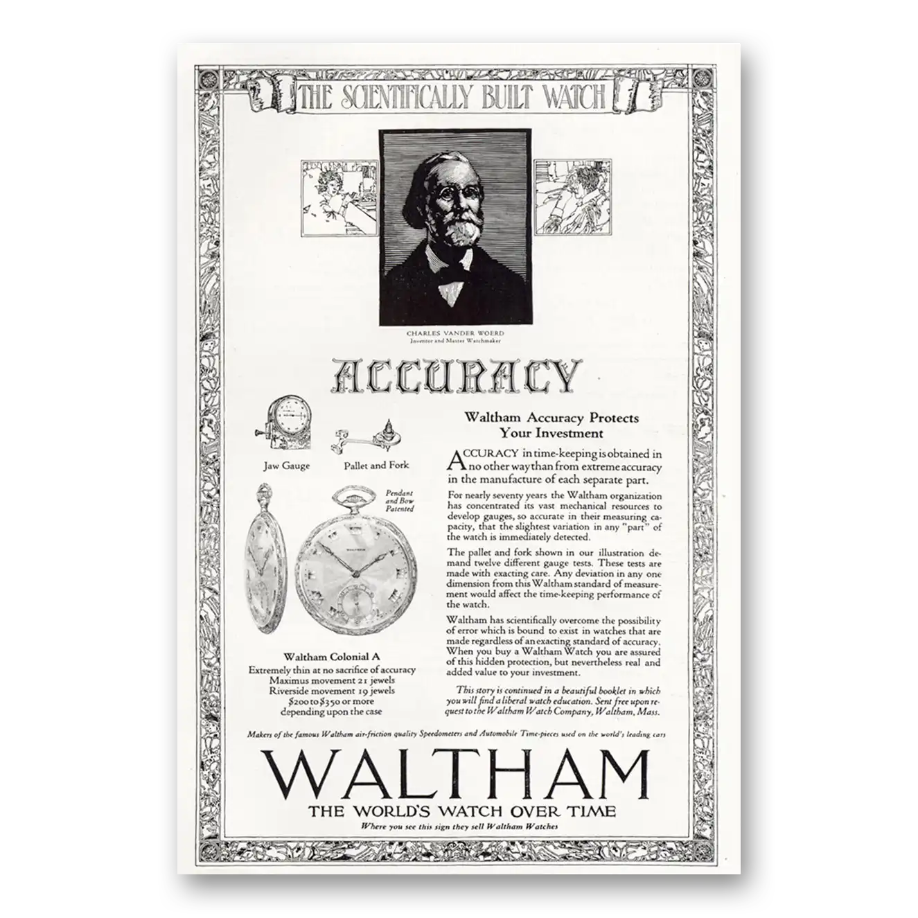 1921 Waltham Watch Charles Vander Woerd Vintage Magazine Print Ad