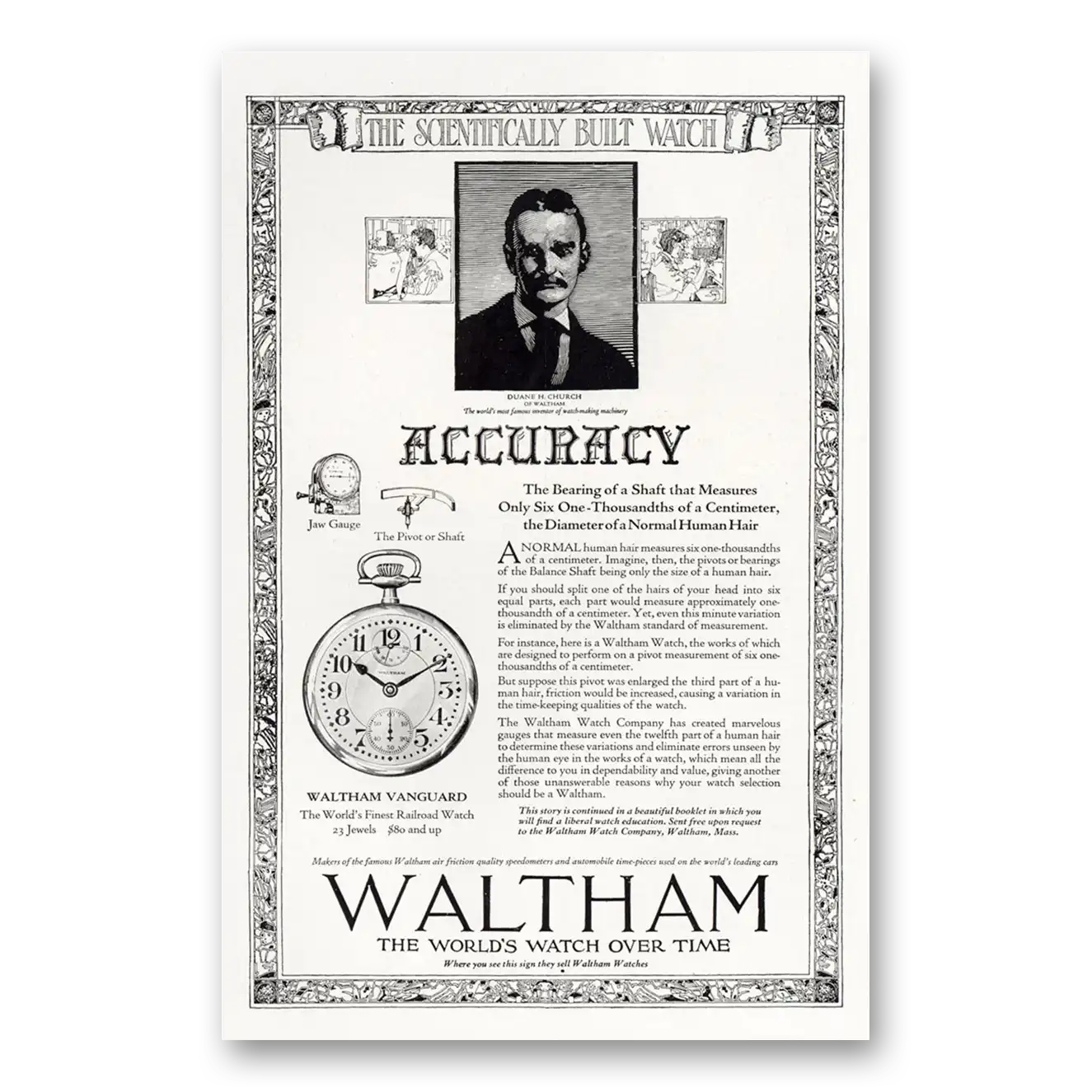 1921 Waltham Watch Duane H Church Vintage Magazine Print Ad