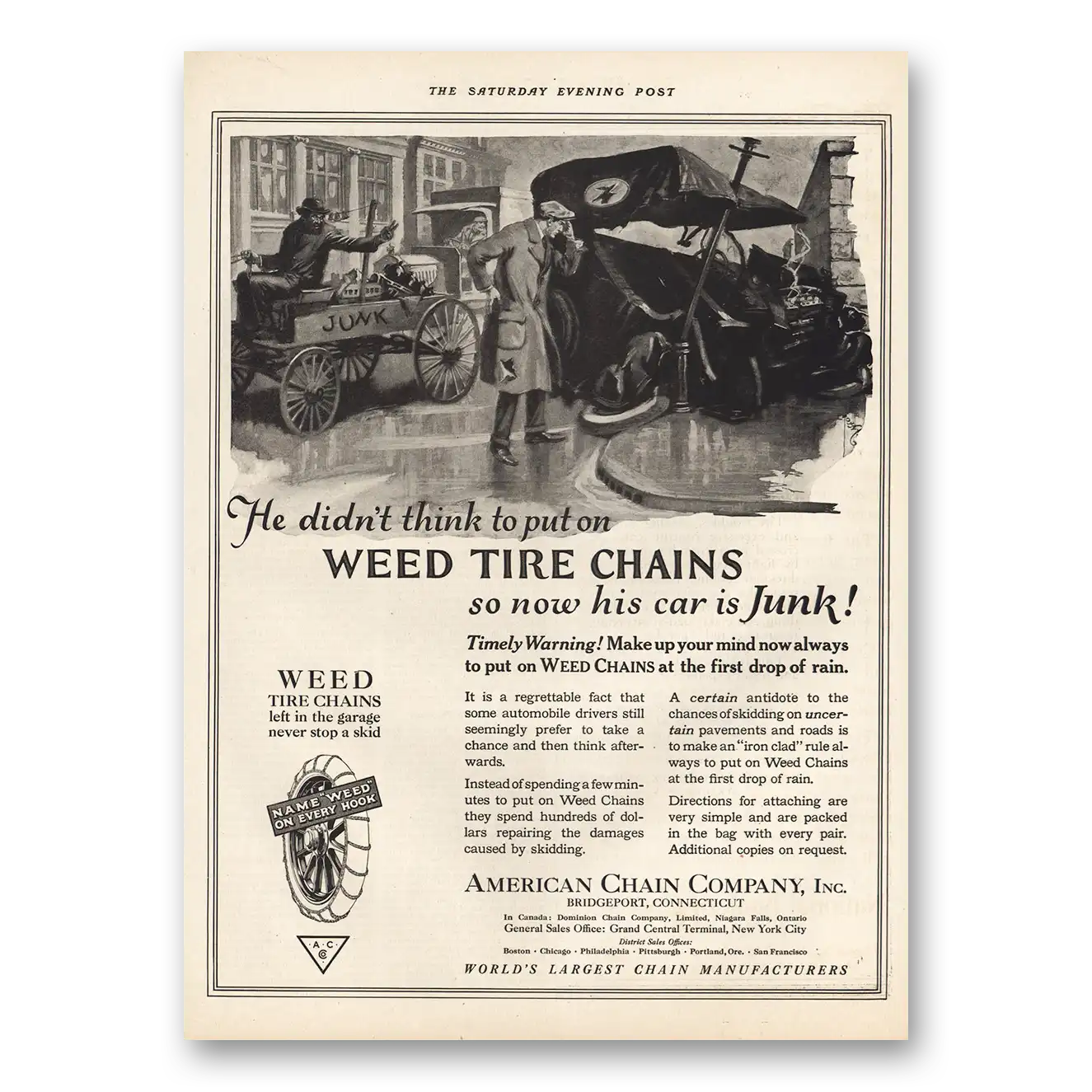 1921 American Chain Company Didn’t Think To Put On Weed Tire Chains Vintage Magazine Print Ad