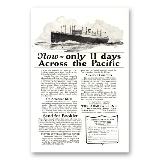 1922 Admiral Line 11 Days Across the Pacific Vintage Magazine Print Ad