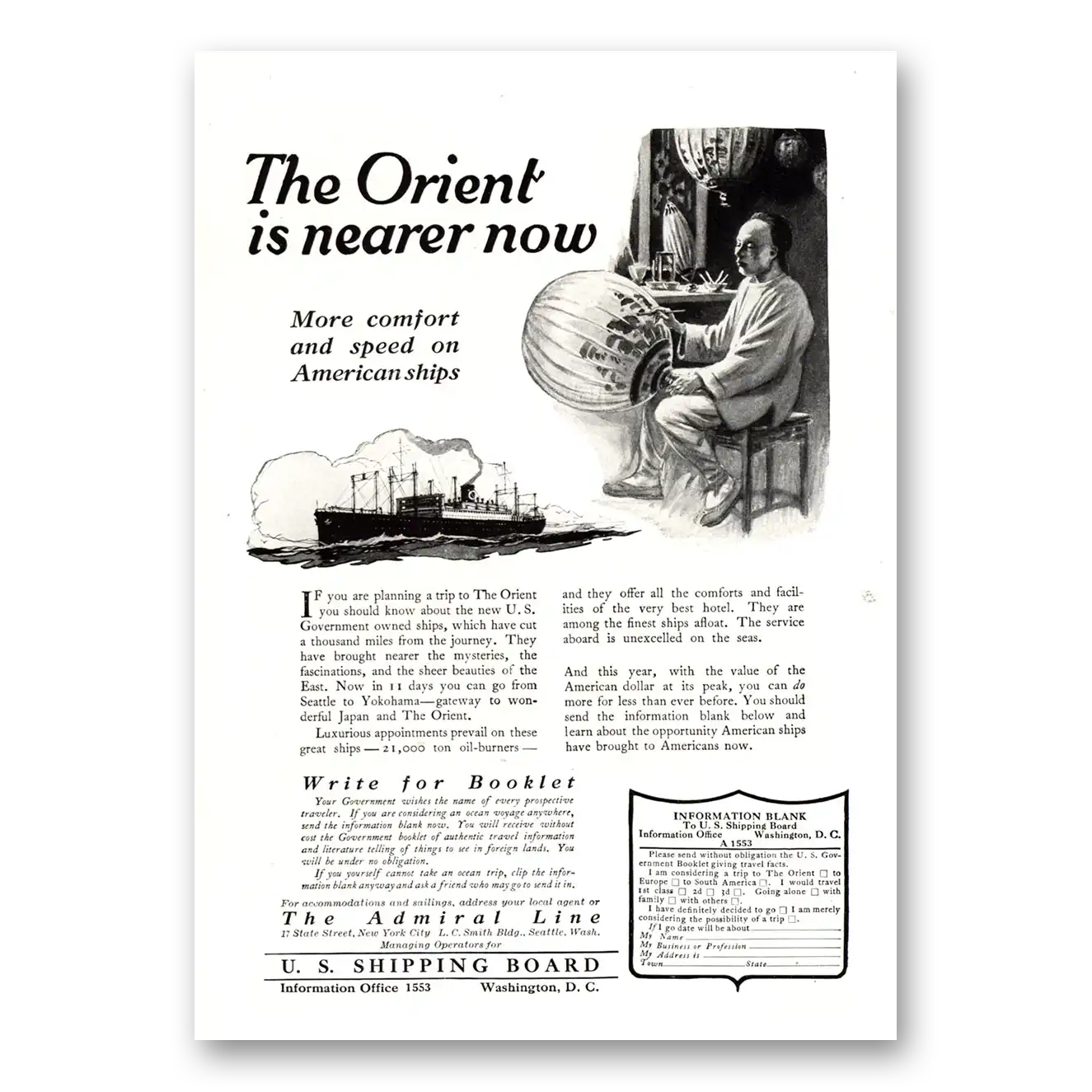 1922 Admiral Line Orient Is Nearer Now Vintage Magazine Print Ad