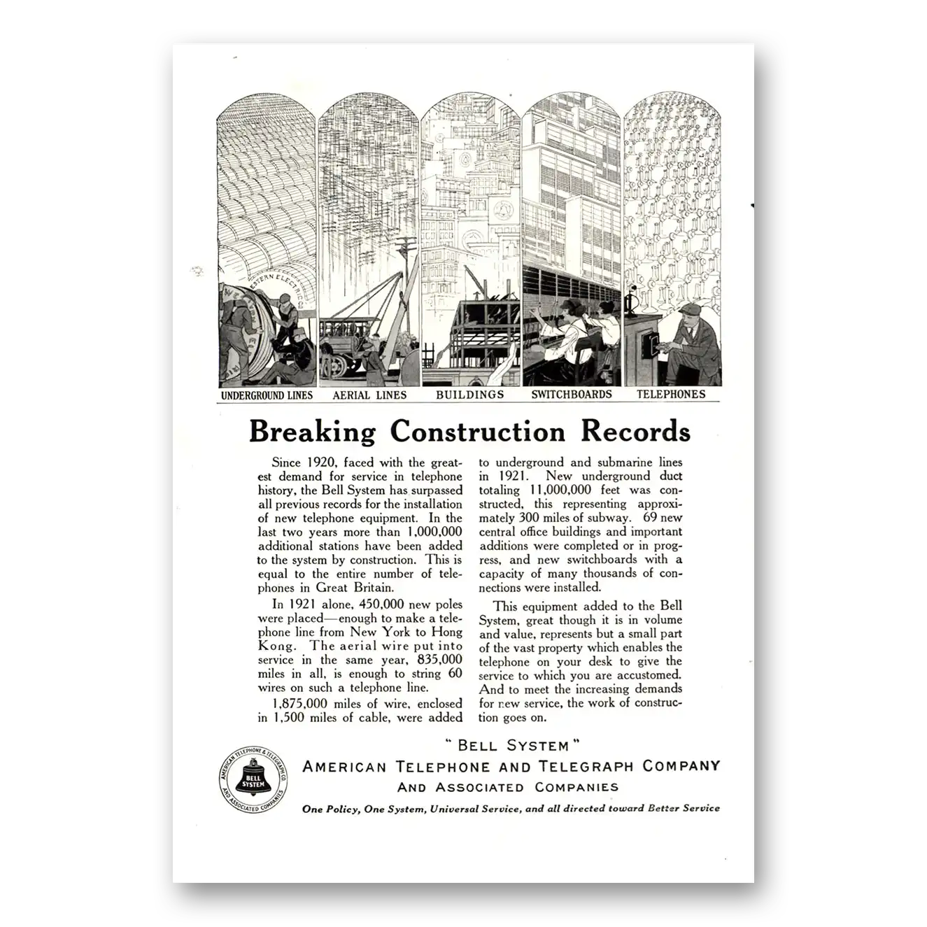 1922 American Telephone Breaking Construction Records Vintage Magazine Print Ad