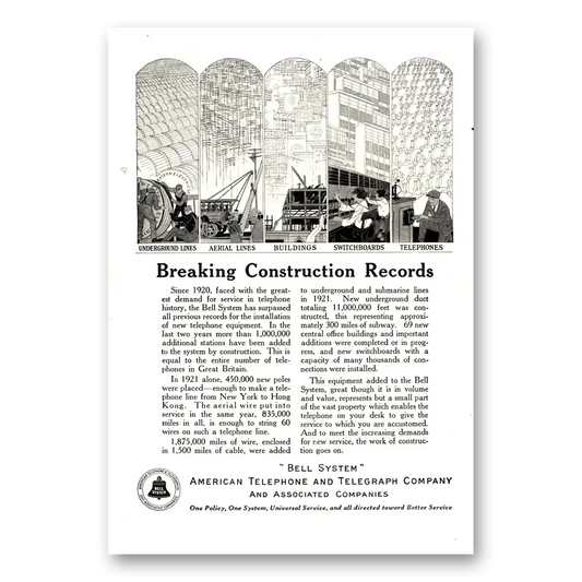 1922 American Telephone Breaking Construction Records Vintage Magazine Print Ad