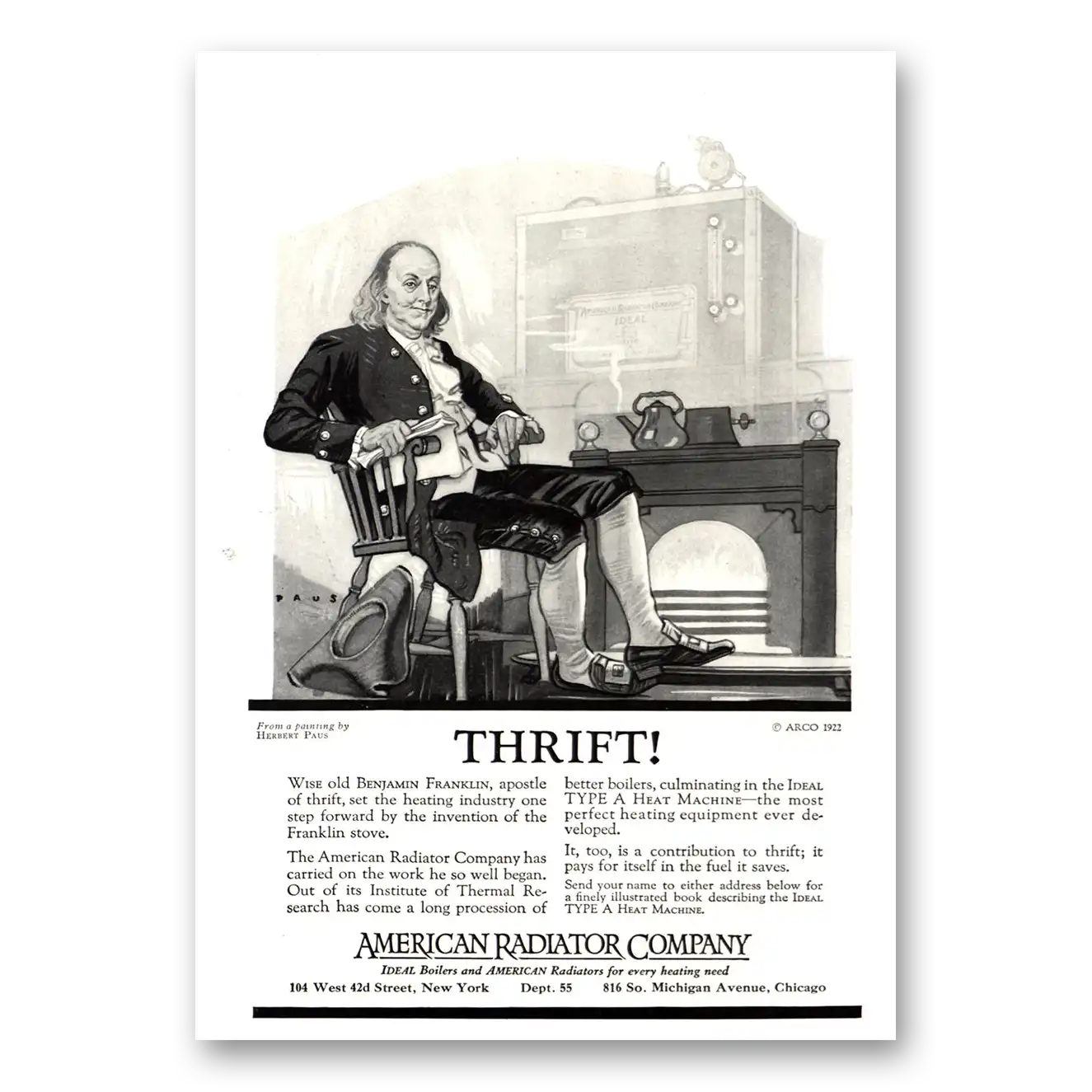 1922 American Radiator Benjamin Franklin Thrift Vintage Magazine Print Ad