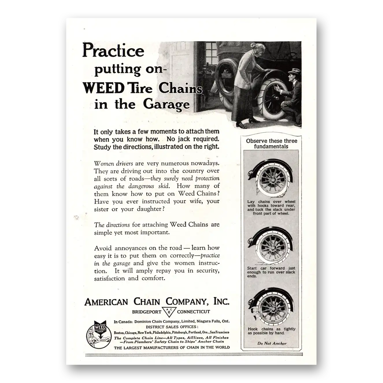 1922 American Chain Company Practice Weed Tire Chains In the Garage Vintage Magazine Print Ad