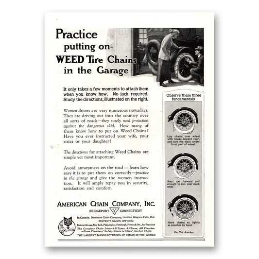 1922 American Chain Company Practice Weed Tire Chains In the Garage Vintage Magazine Print Ad