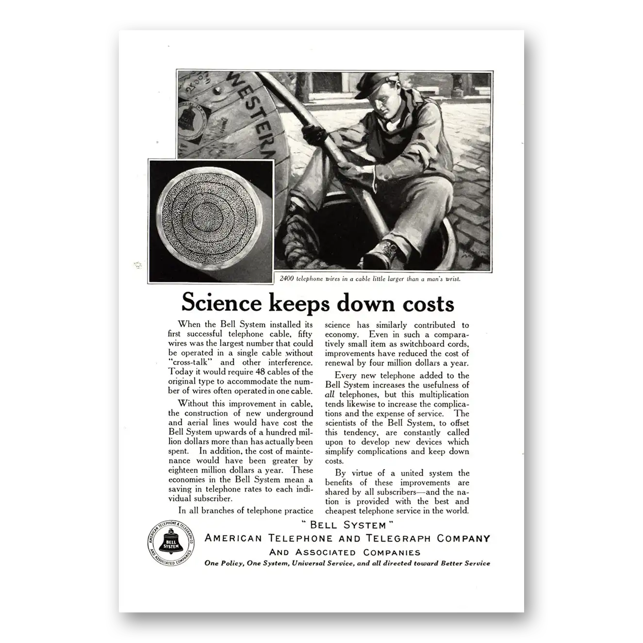 1922 American Telephone Science Keeps Down Costs Vintage Magazine Print Ad