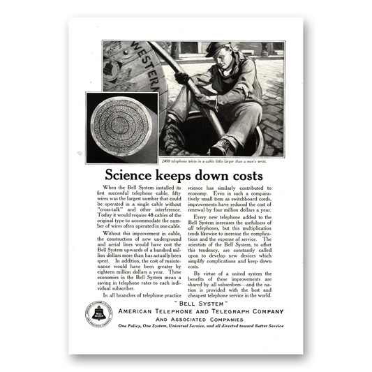 1922 American Telephone Science Keeps Down Costs Vintage Magazine Print Ad