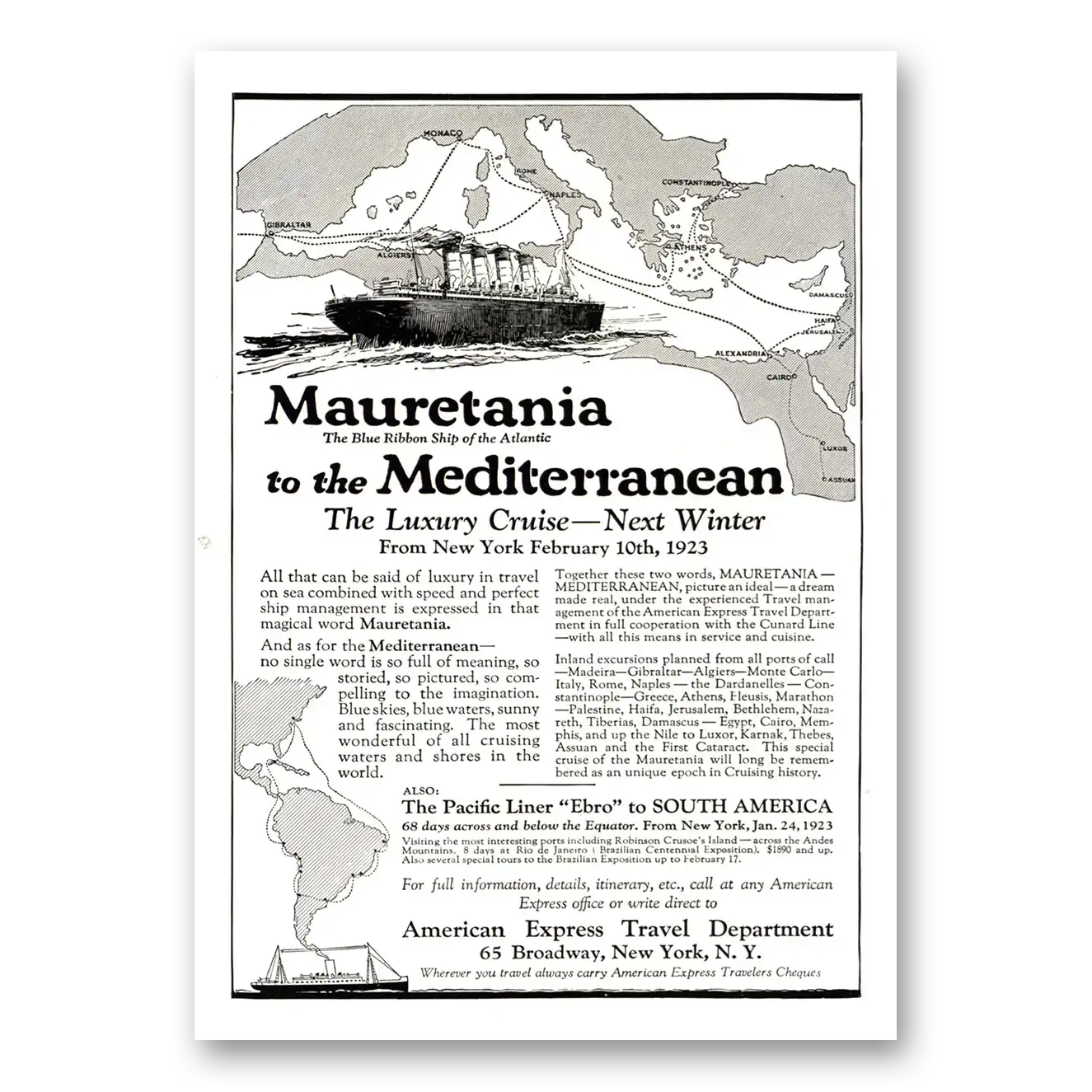 1922 American Express Travel Mauretania Mediterranean Vintage Magazine Print Ad