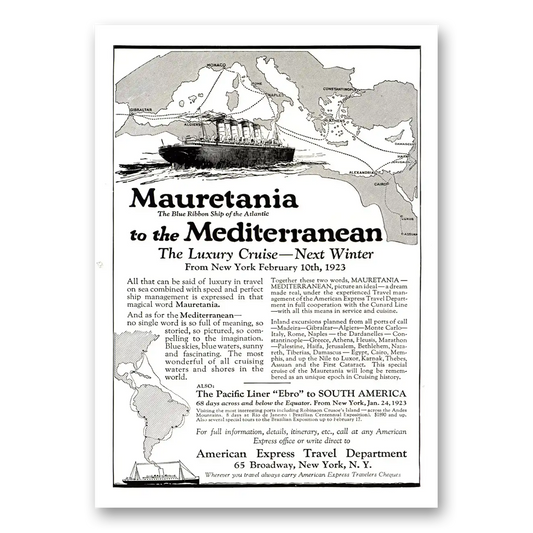 1922 American Express Travel Mauretania Mediterranean Vintage Magazine Print Ad