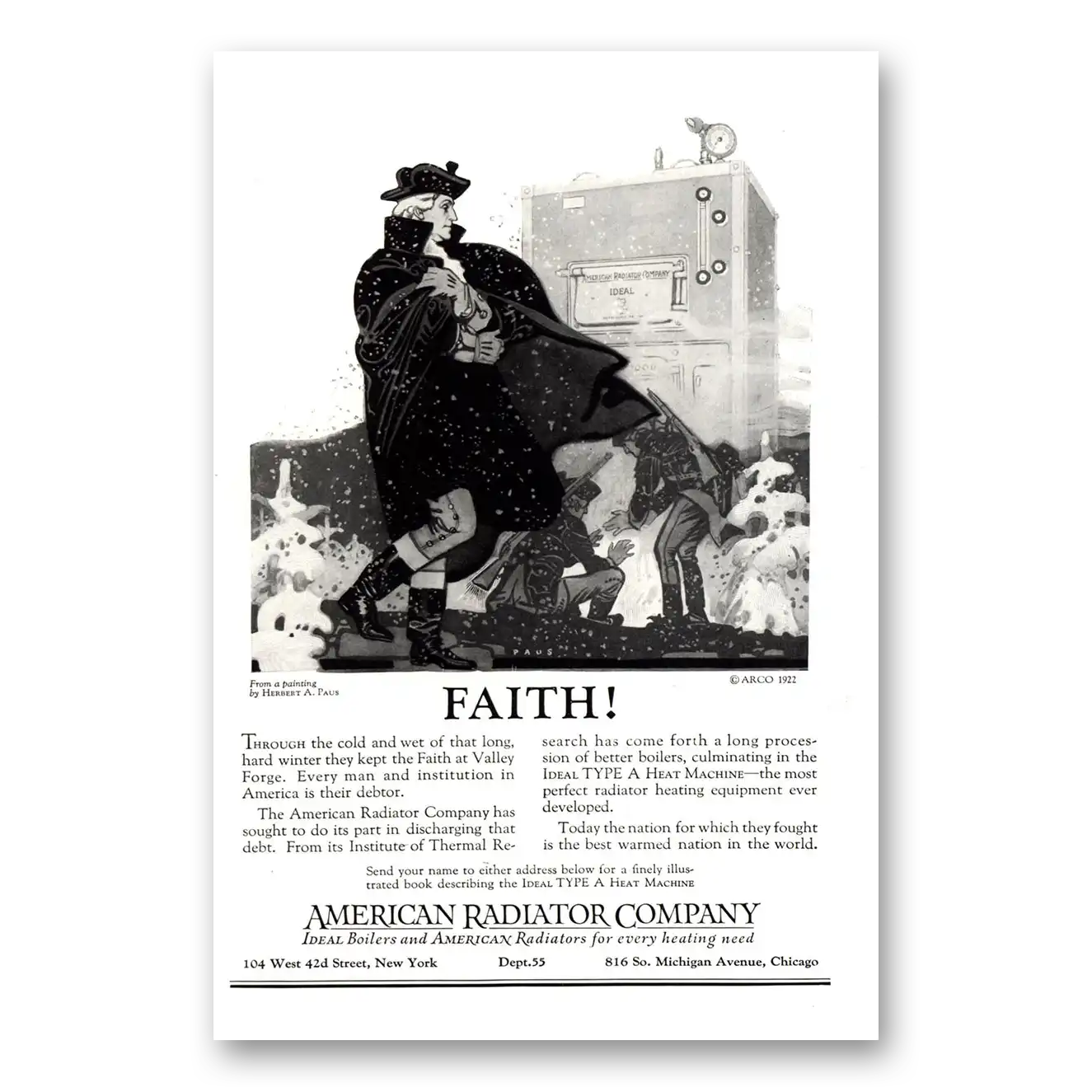 1922 American Radiator Faith Through the Cold and Wet Vintage Magazine Print Ad