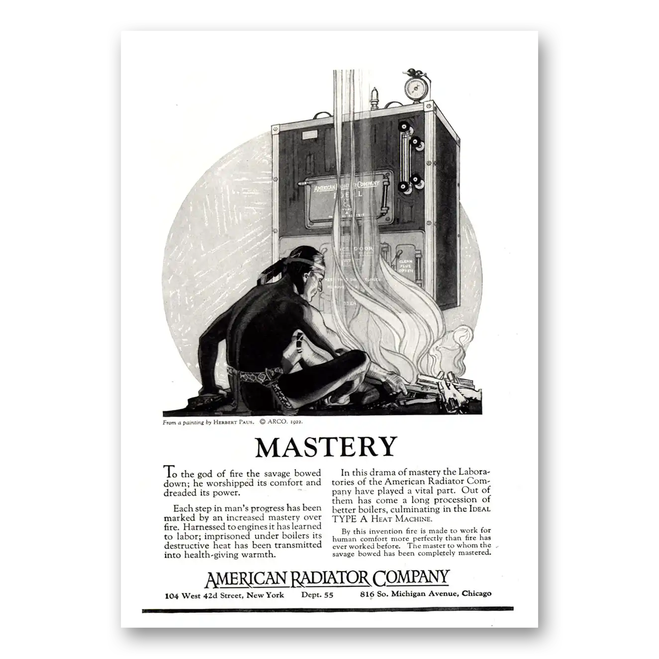 1922 American Radiator Mastery God of Fire Vintage Magazine Print Ad