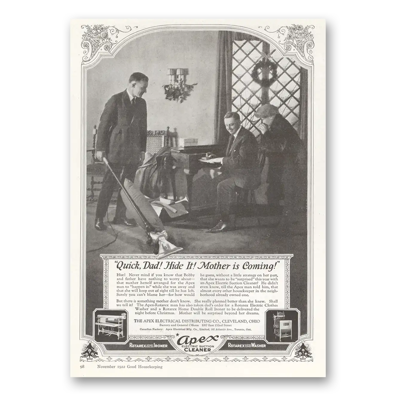 1922 Apex Electric Suction Cleaner Quick Dad Hide It Mother Is Coming Vintage Magazine Print Ad