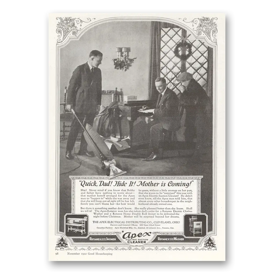 1922 Apex Electric Suction Cleaner Quick Dad Hide It Mother Is Coming Vintage Magazine Print Ad