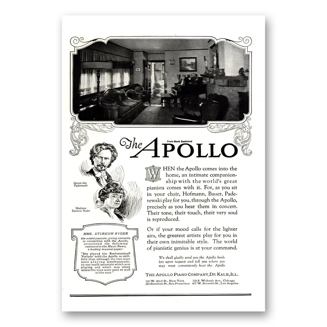 1922 Apollo Piano Intimate Companionship Worlds Greatest Pianists Vintage Magazine Print Ad