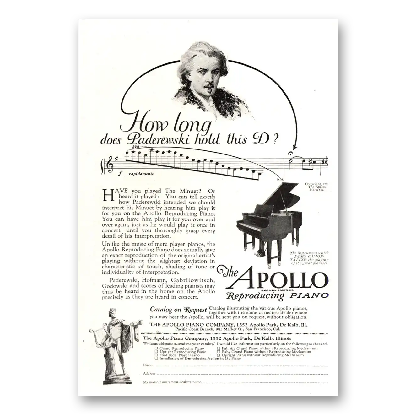 1922 Apollo Reproducing Piano Paderewski Hold this D Vintage Magazine Print Ad