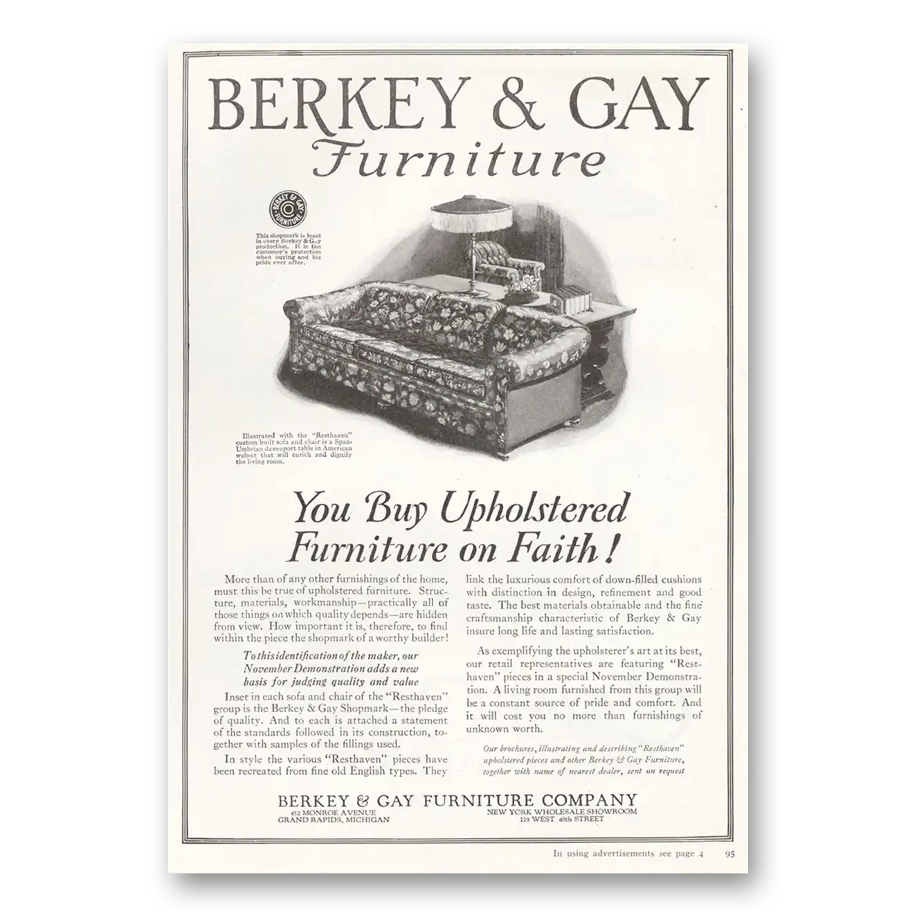 1922 Berkey & Gay Furniture Furniture on Faith Vintage Magazine Print Ad