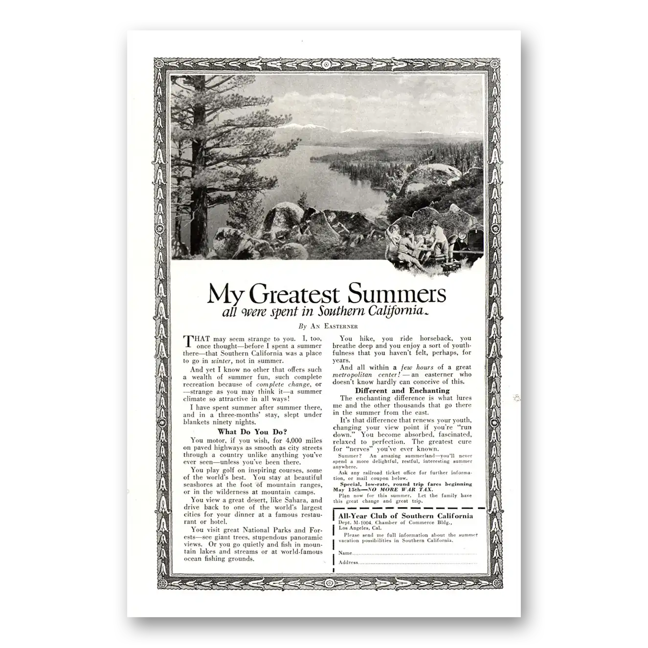 1922 Southern California My Greatest Summers Vintage Magazine Print Ad