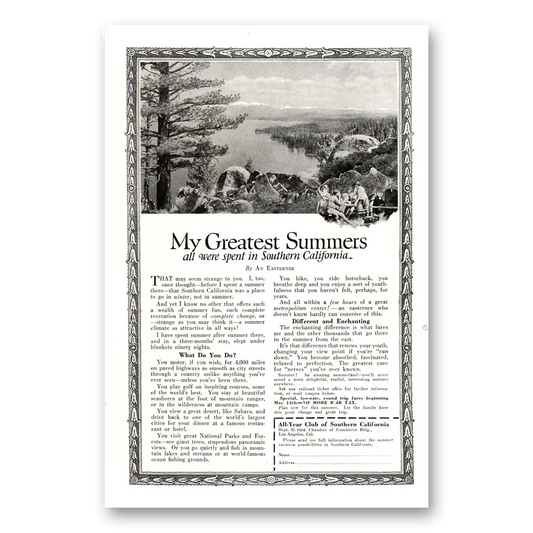 1922 Southern California My Greatest Summers Vintage Magazine Print Ad