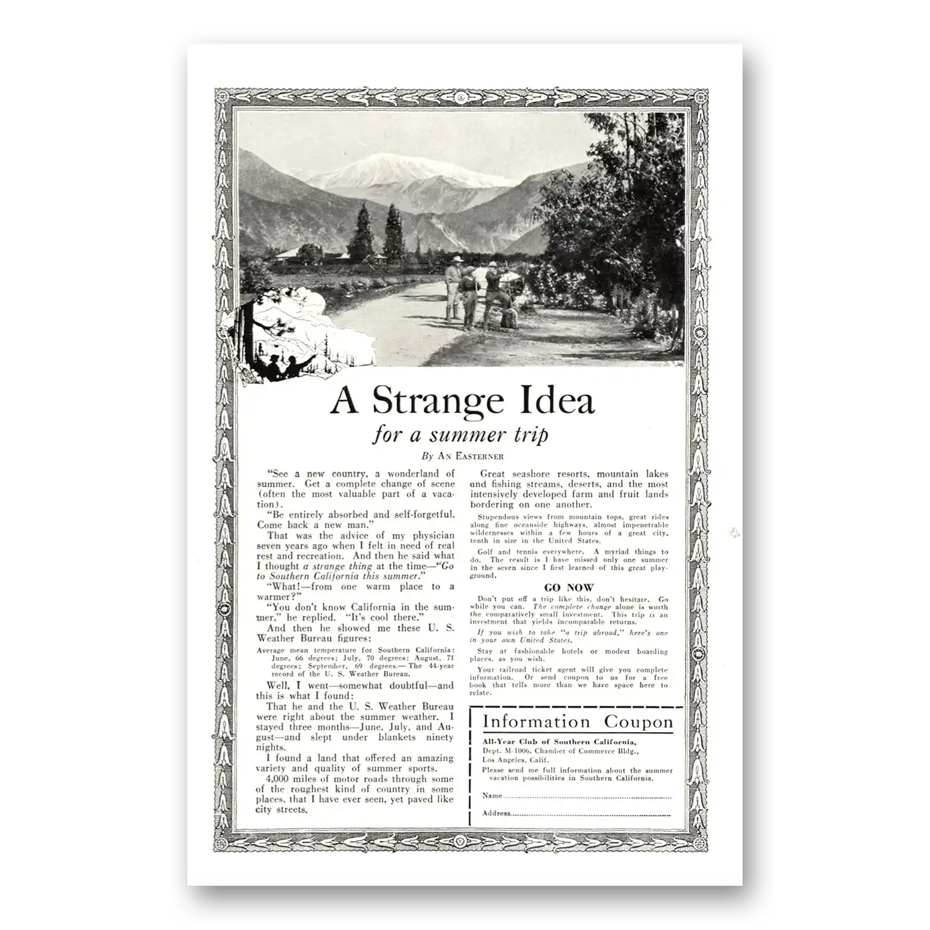 1922 Southern California Strange Idea for Summer Trip Vintage Magazine Print Ad