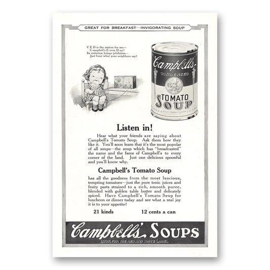 1922 Campbells Tomato Soup Listen In CED Is the Station Vintage Magazine Print Ad