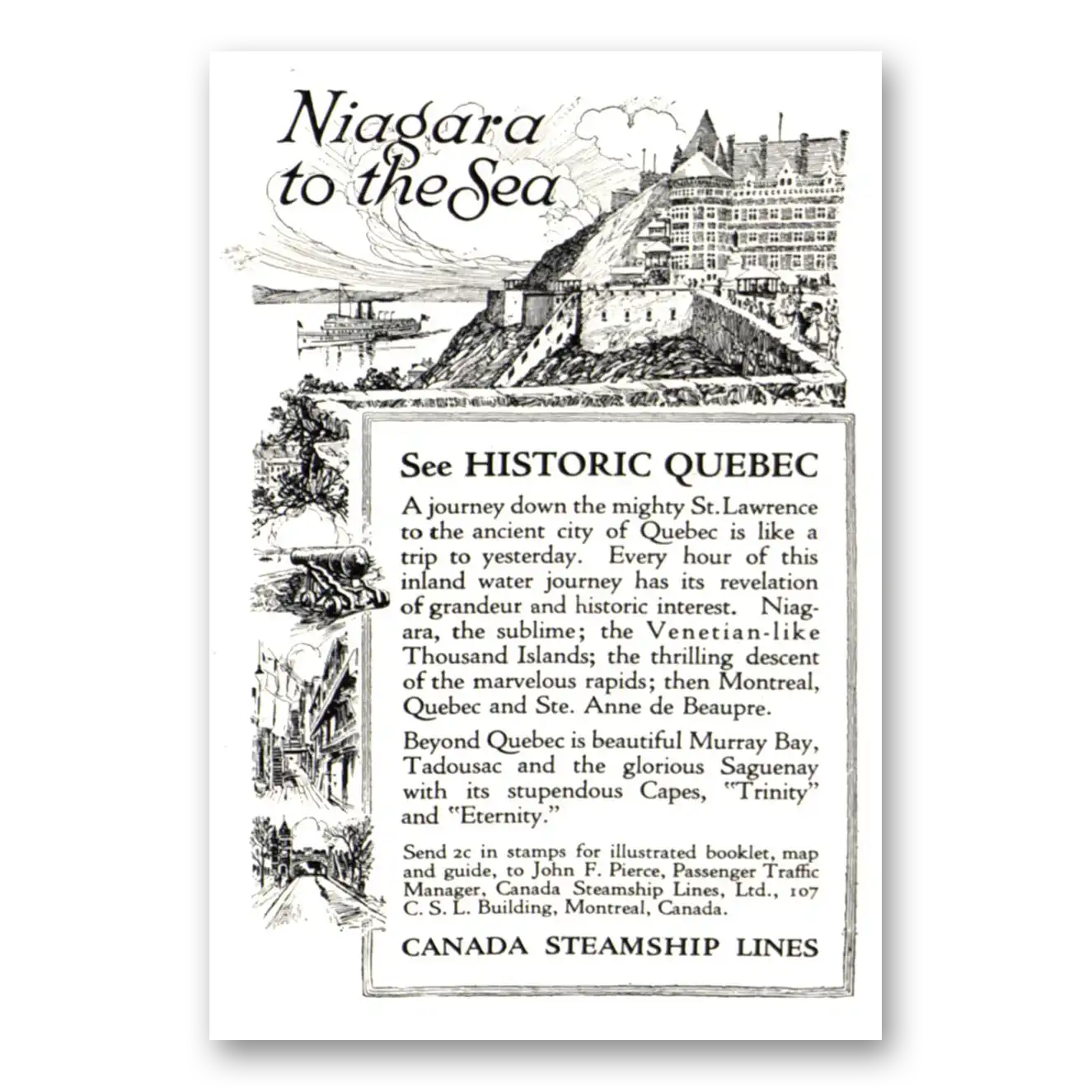 1922 Canada Steamship Lines Historic Quebec Niagara to the Sea Vintage Magazine Print Ad