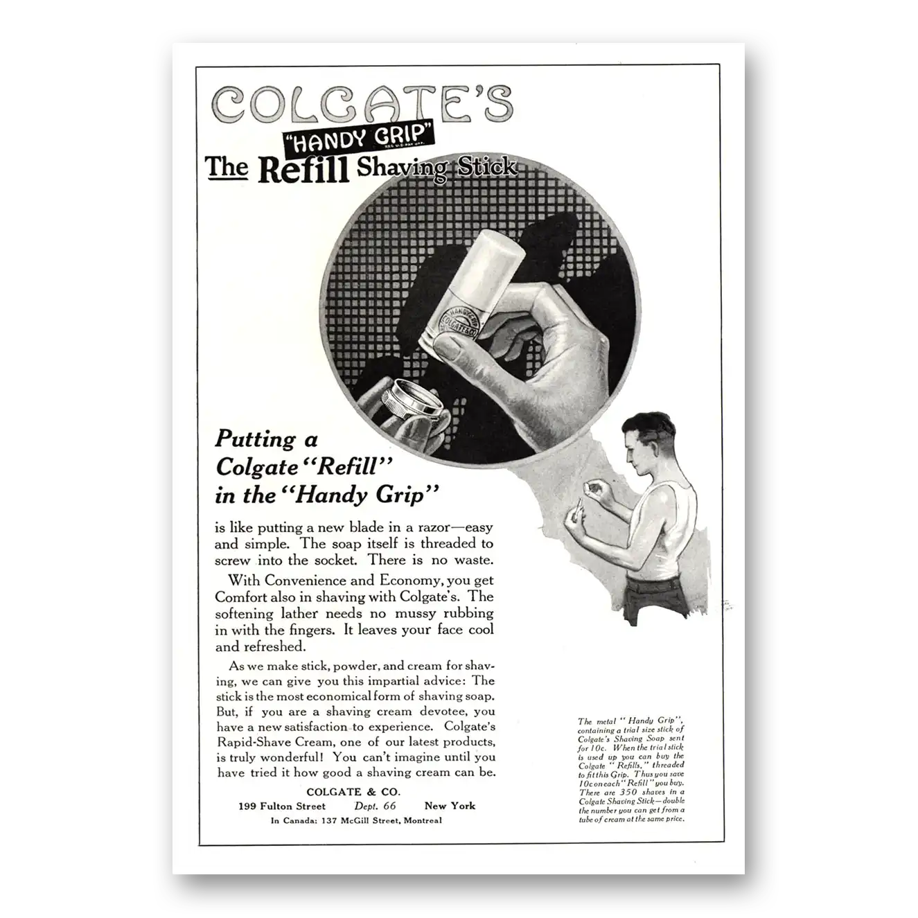 1922 Colgate Shaving Stick Refill In the Handy Grip Vintage Magazine Print Ad