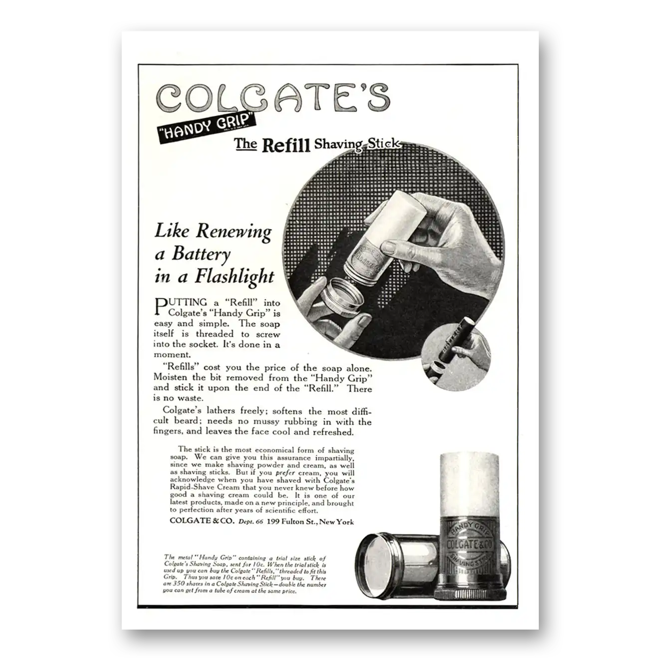 1922 Colgate Shaving Stick Refill Shaving Stick Like Renewing a Battery Vintage Magazine Print Ad