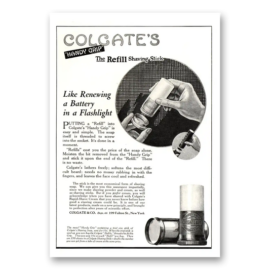 1922 Colgate Shaving Stick Refill Shaving Stick Like Renewing a Battery Vintage Magazine Print Ad