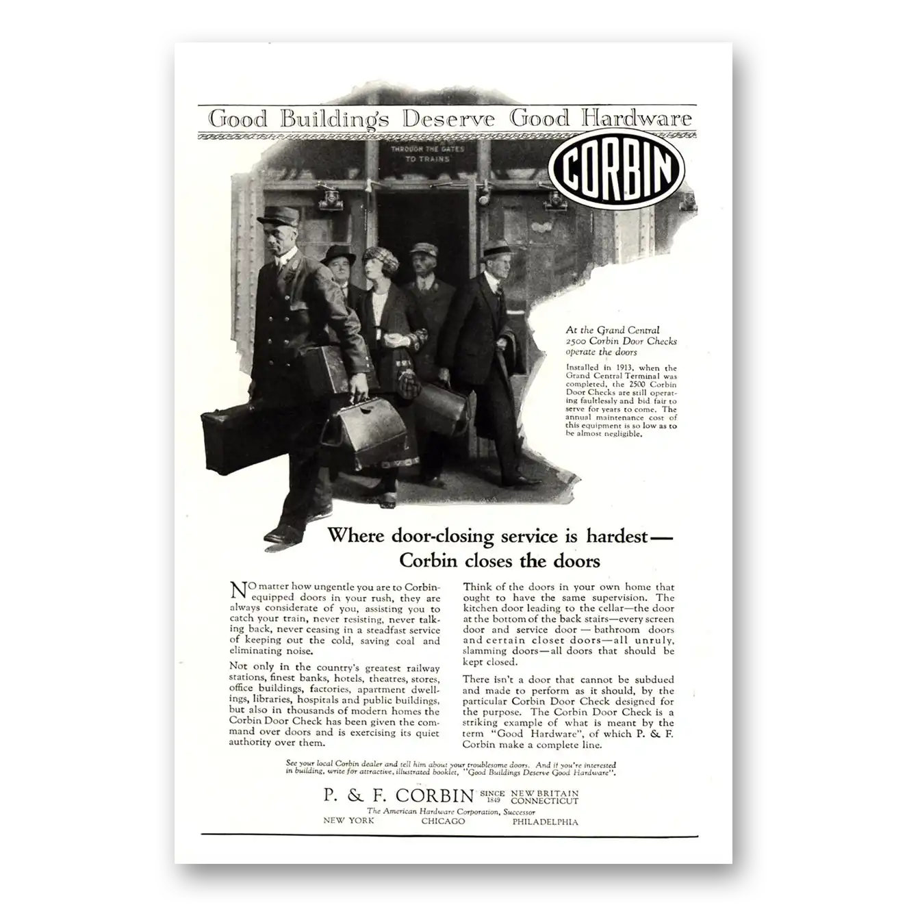 1922 P & F Corbin Door Closing Service Is Hardest Vintage Magazine Print Ad