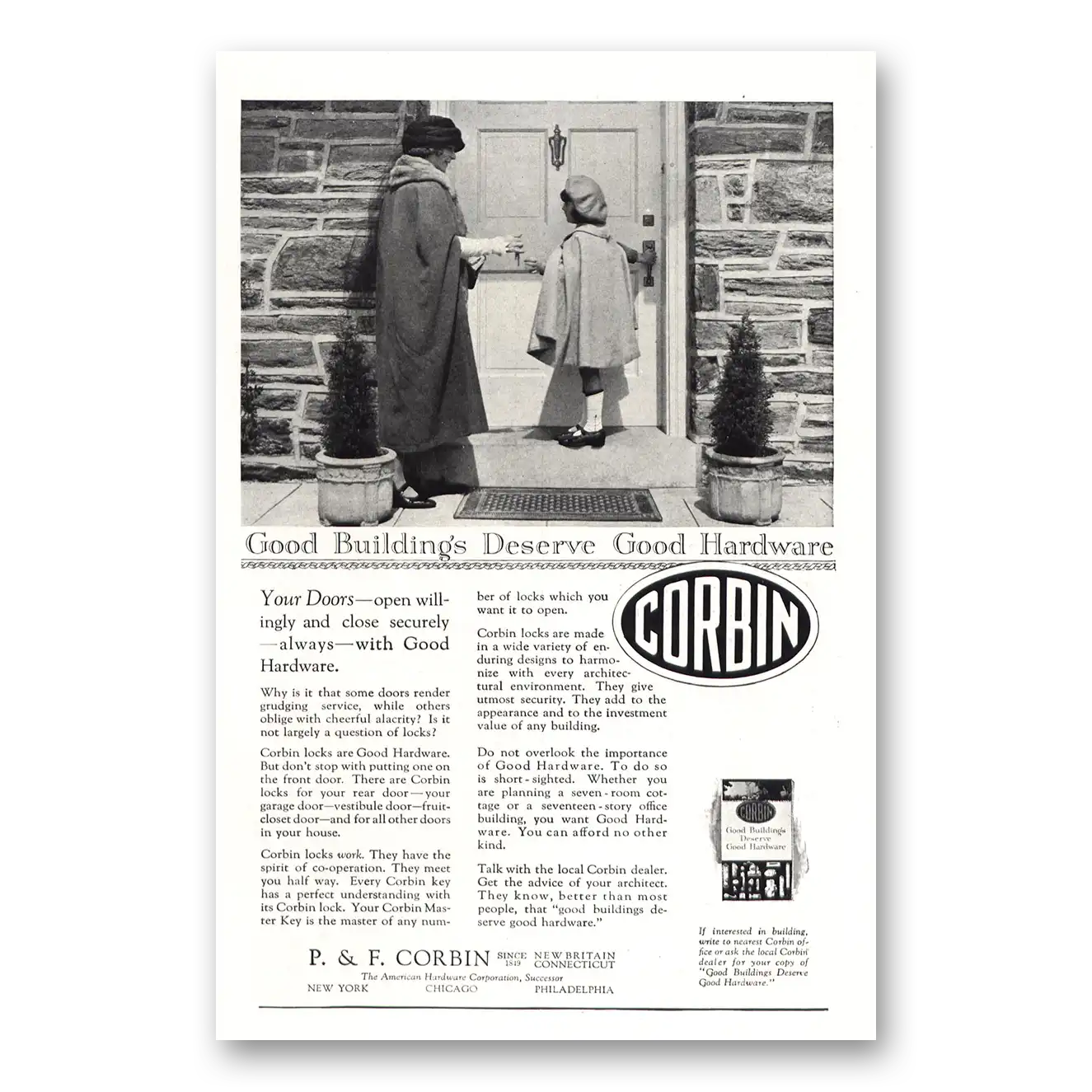 1922 P & F Corbin Your Doors Open Willingly Vintage Magazine Print Ad