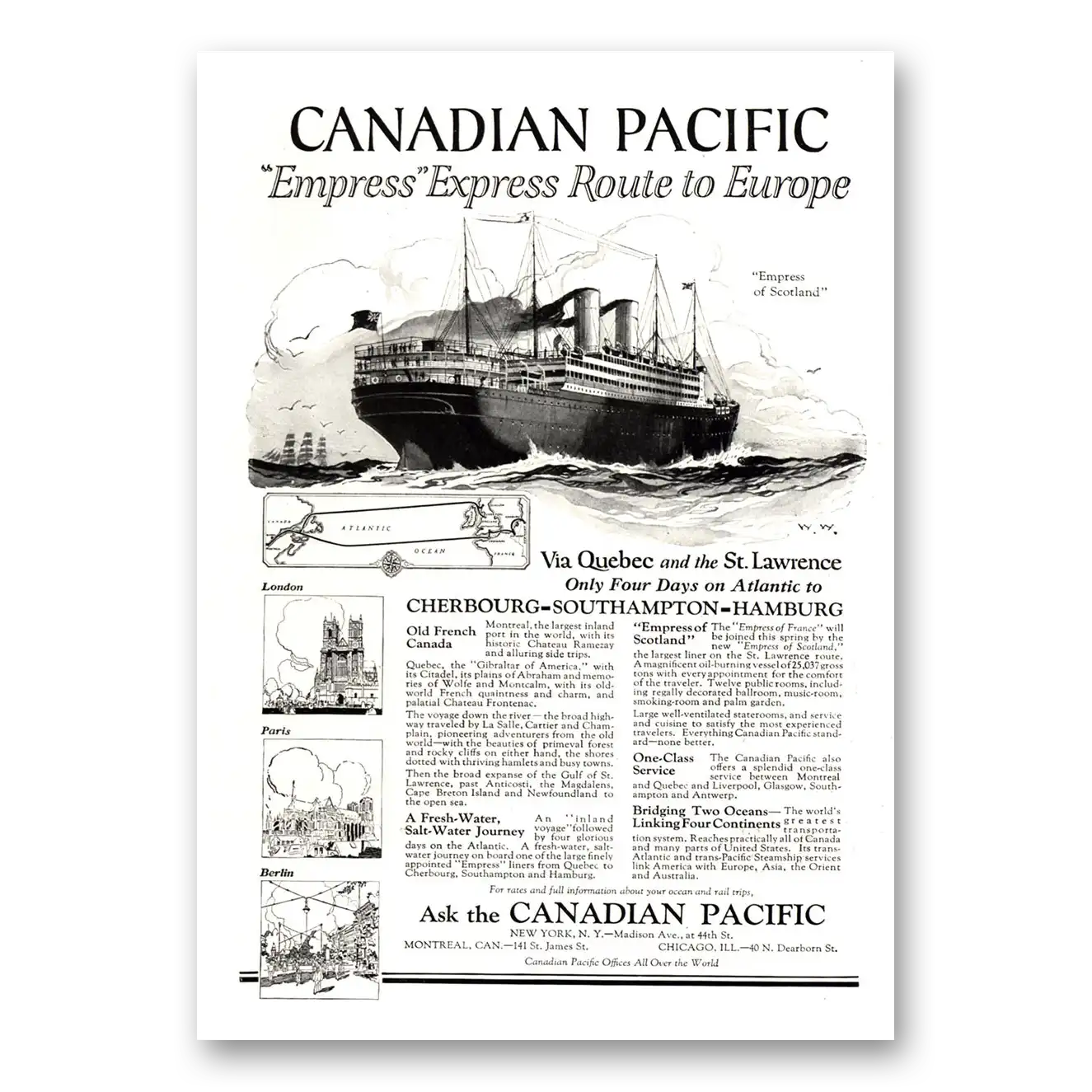 1922 Canadian Pacific Empress Express Route to Europe Vintage Magazine Print Ad