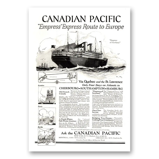 1922 Canadian Pacific Empress Express Route to Europe Vintage Magazine Print Ad