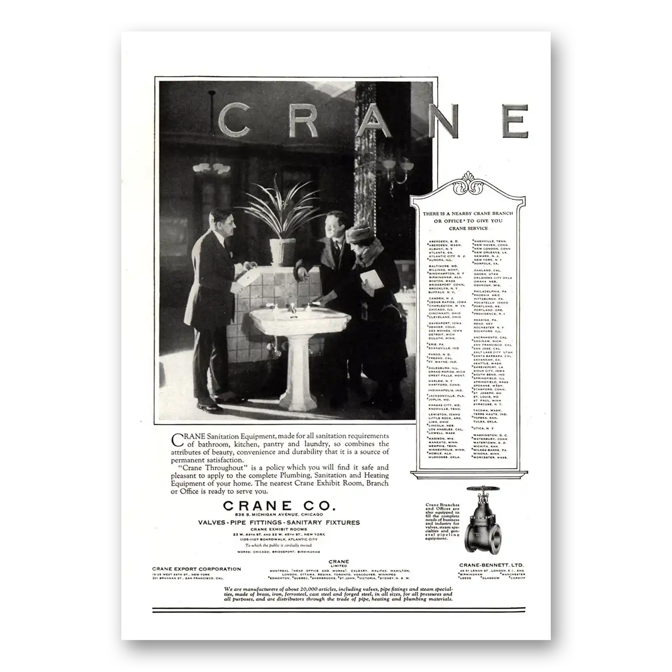 1922 Crane Sanitation Equipment Vintage Magazine Print Ad