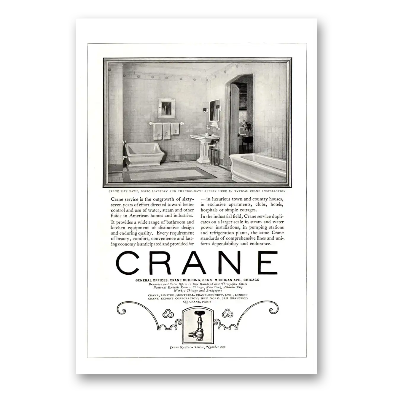 1922 Crane Sitz Bath Doric Lavatory Chandos Bath Vintage Magazine Print Ad