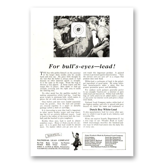 1922 Dutch Boy Paint White Lead For Bulls Eye Lead Vintage Magazine Print Ad