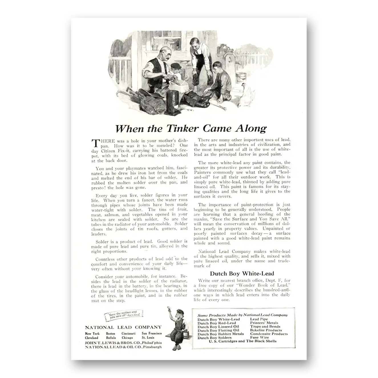 1922 Dutch Boy Paint White Lead When Tinker Came Along Vintage Magazine Print Ad