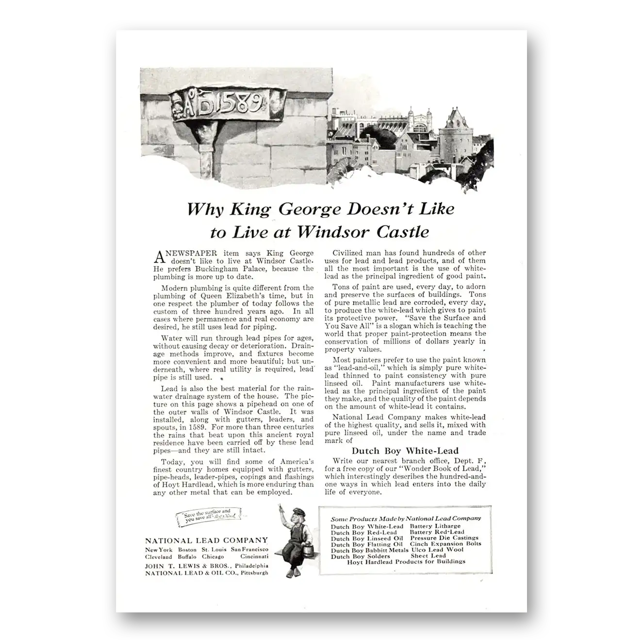 1922 Dutch Boy Paint White Lead King George Windsor Castle Vintage Magazine Print Ad